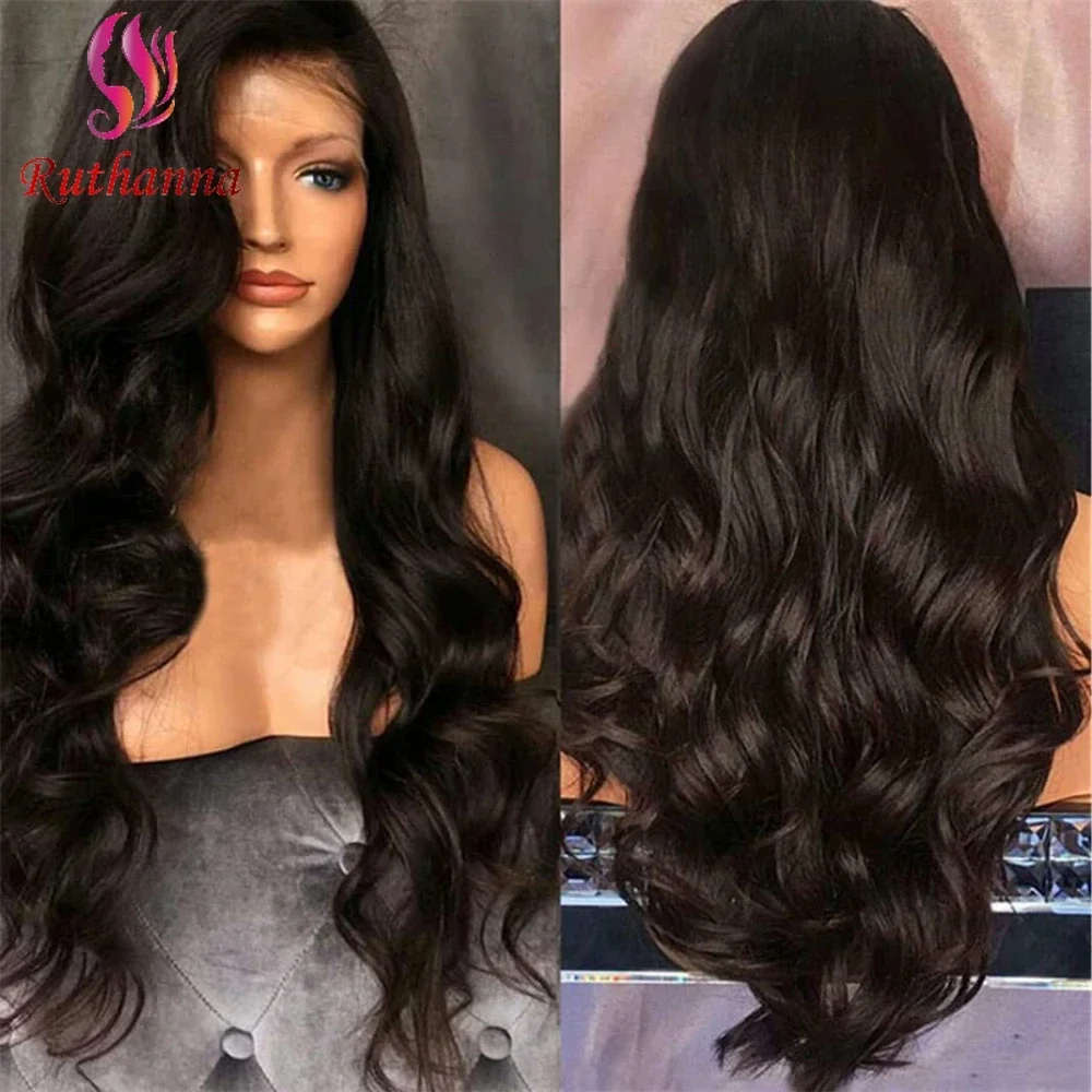 Bagian tengah tubuh gelombang 13x4 renda depan sintetis Wig panjang keriting untuk wanita 26 inci hitam alami 100% Wig tenun tangan penggunaan sehari-hari