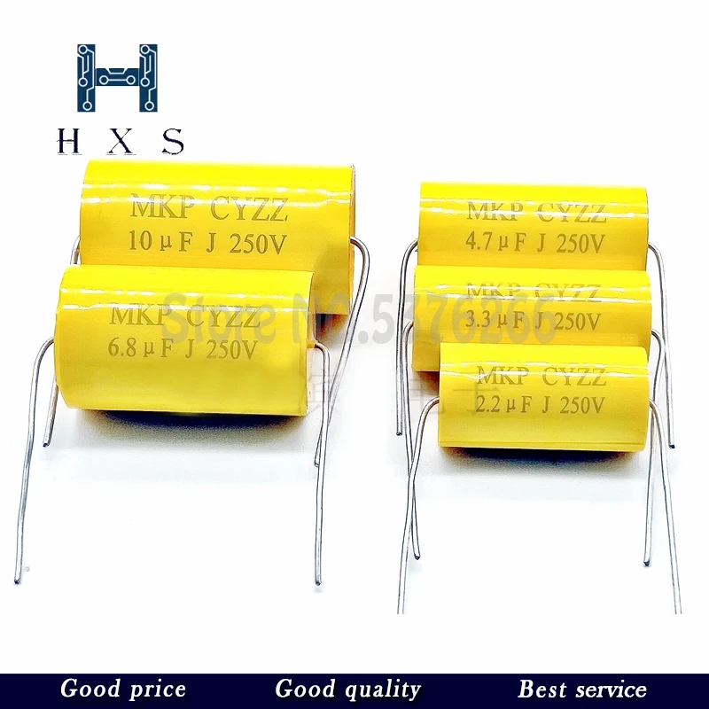 2pcs MKP yellow round axial 250v1/2.2/3.3/4.7/6.8/10uf electrodeless tweeter through capacitor