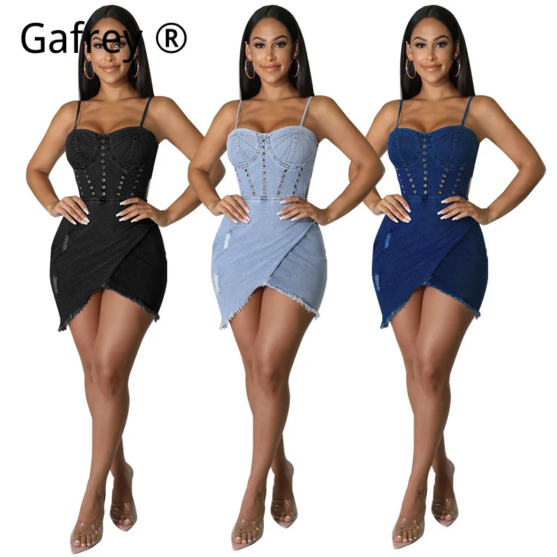 Women's Plus Size Sexy Sleeveless Washed Denim Dress, High Waist Ruched Jean Mini Dress, Drawstring Summer Streetwear Outfit