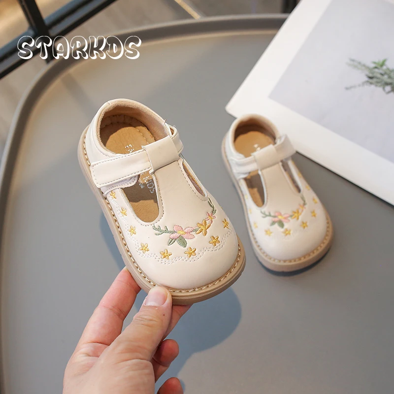 Flower Embroidery Leatherette Shoes Baby Kids T-Strap Mary Janes Toddler Girls Vintage Floral Ballet Flats in Brown White