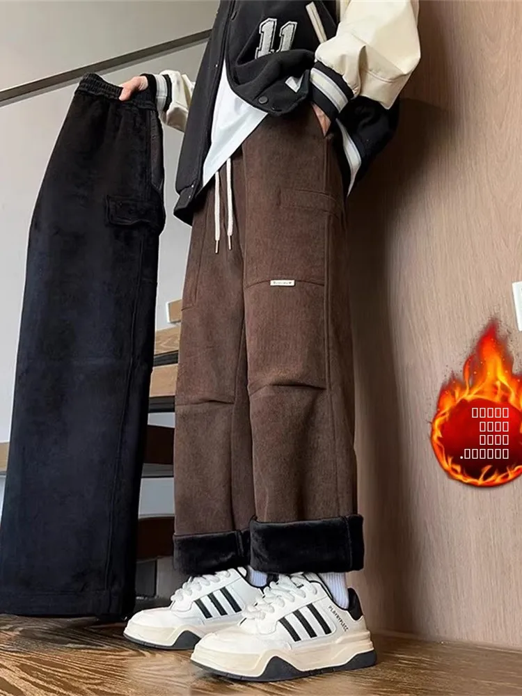 

Мужские утепленные спортивные брюки на флисовой подкладке, осенне-зимние повседневные свободные брюки из овечьей шерсти, хлопковые брюки больших размеров, спортивные брюки для отдыха