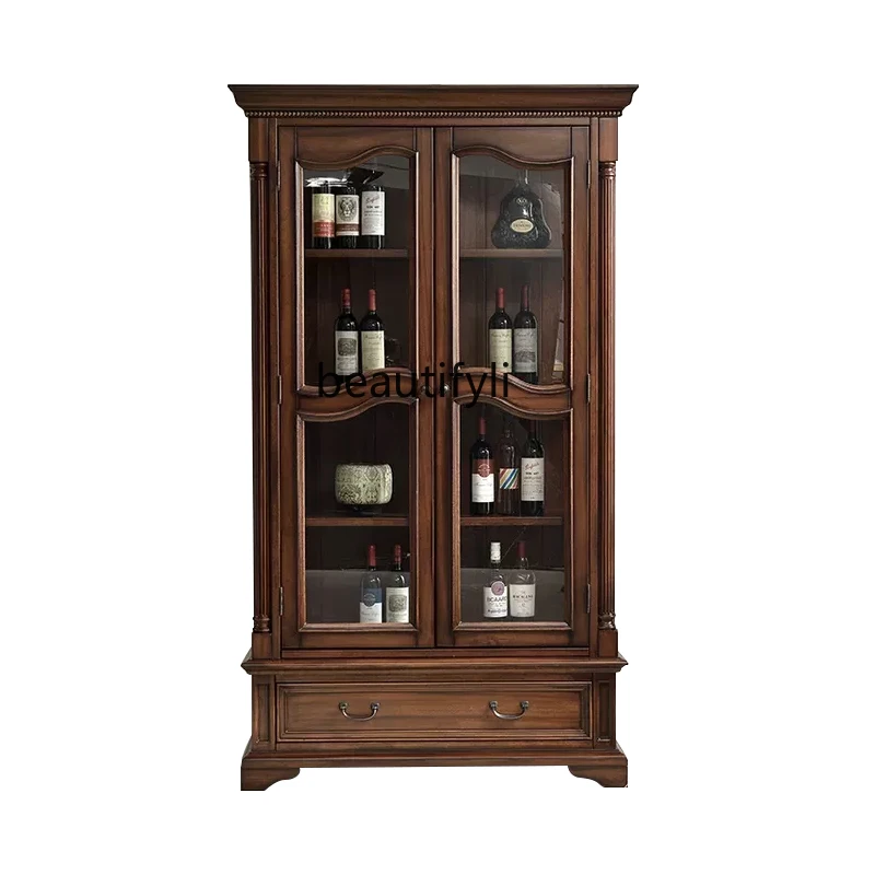 American-Style Solid Wood Wine Cabinet Wall TV Side Cabinet Living Room Small Bookcase Household Double Door Locker