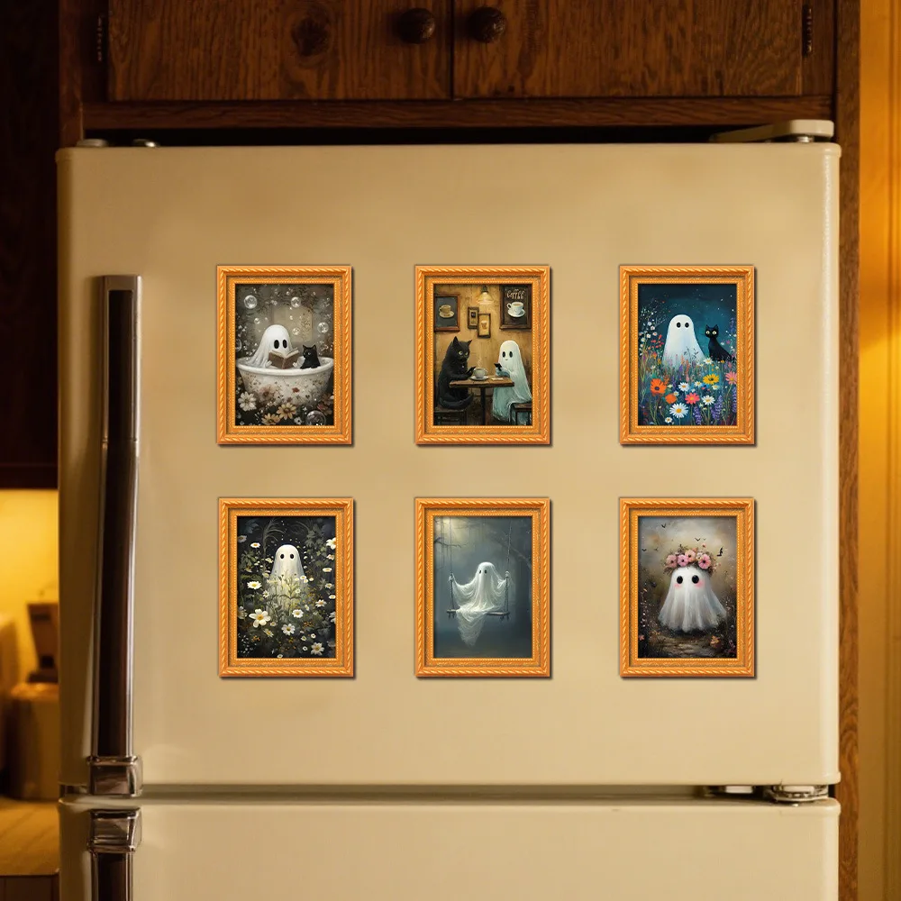 Creative 3d Halloween Fridge Magnet Wooden Cute Little Ghost Retro Photo Frame Magnetic Refrigerator Sticker Party Home Decor