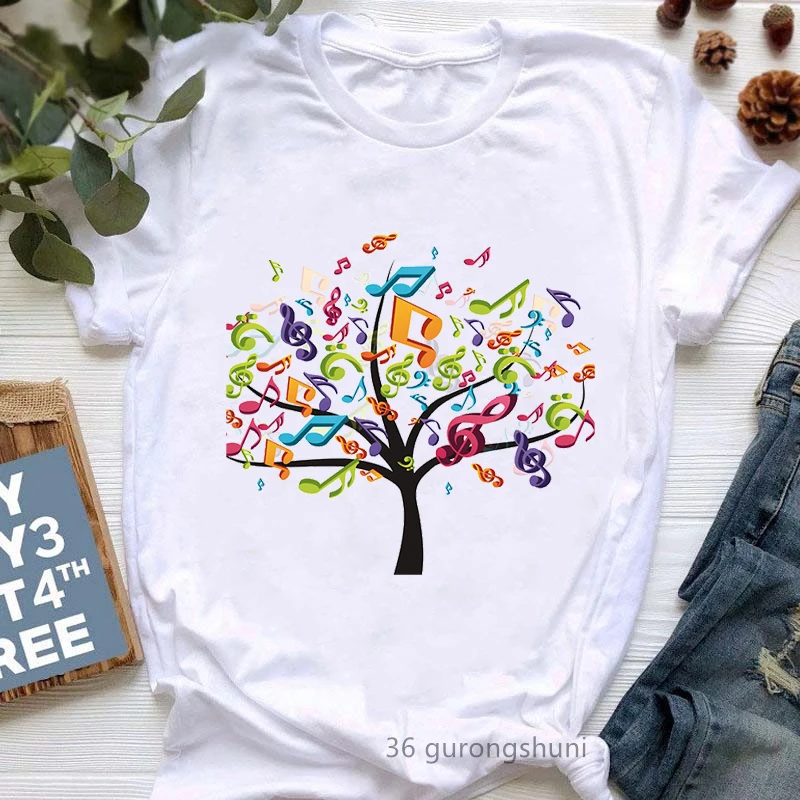 

Watercolor Music Tree Print Tshirt Women'S Clothing White Short Sleeve T Shirt Femme Harajuku Shirt Hip Hop T-Shirt Female Tops