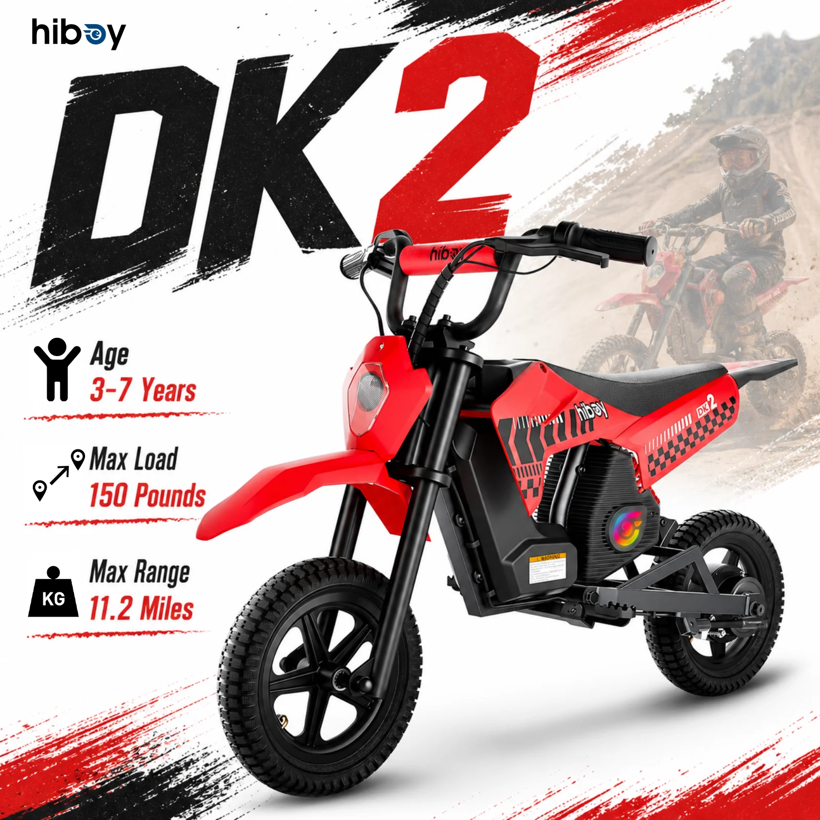 Hiboy DK2 Electric Dirt Bike for Kids, 13 MPH 3-Speed Kids Motorcycle, 300W Peak Motor, 11.2-Mile Range, Off-Road Ride-On