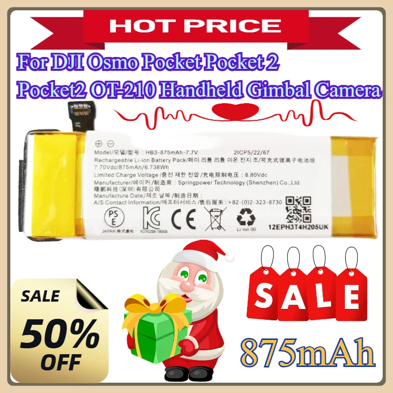 

For DJI Osmo Pocket Pocket 2 Pocket2 OT-210 Handheld Gimbal Camera DIY Install New 7.7V HB3-875mAh Replacement Battery