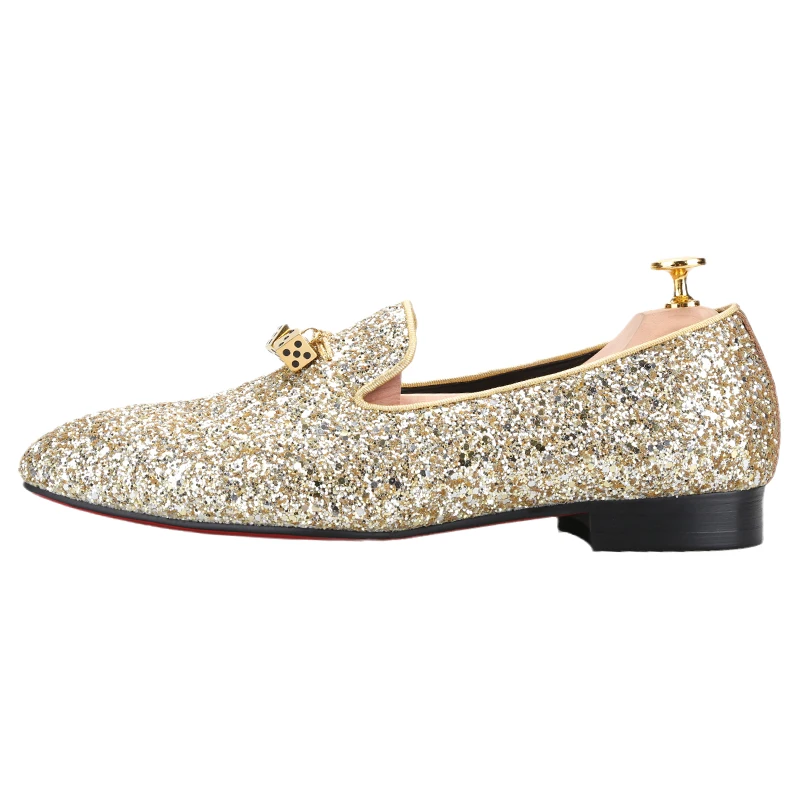 Piergitar Luxury Gold And Silver/Black Sequined Men's Loafers With Titanium Metal Dice Handcrafted Classic Slip On Moccasins