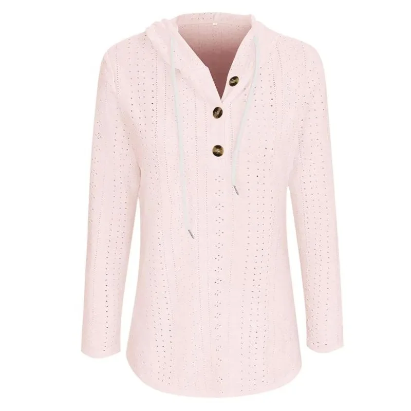 حجم كبير عارضة بلون المرأة هوديي العنصر بلون الخامس الرقبة مقنعين زر فضفاض طويل الأكمام هوديي أعلى للنساء ﻿