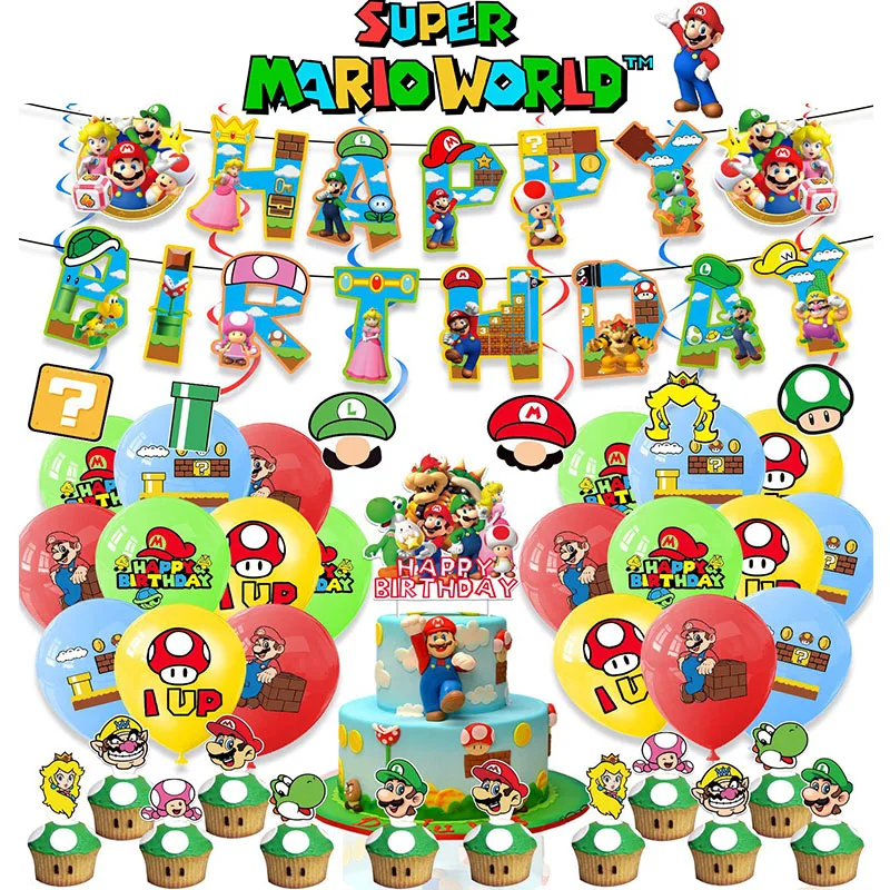 

Super Mario Bros Theme Party Christmas Decoration Anime Figure Periphery Banner Cake Inserts Balloon Kid Festival Prop Wholesale