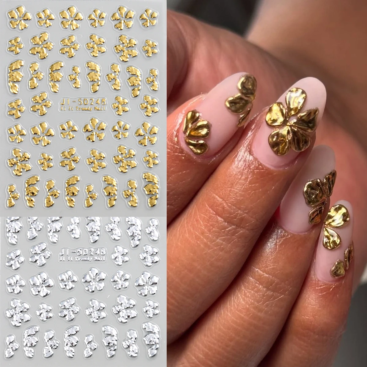 Gilded Sliver French irregular floral Nail Art Stickers Metallic effect Embossy Self-Adhesive Shimmery Finish Elegant Sticker
