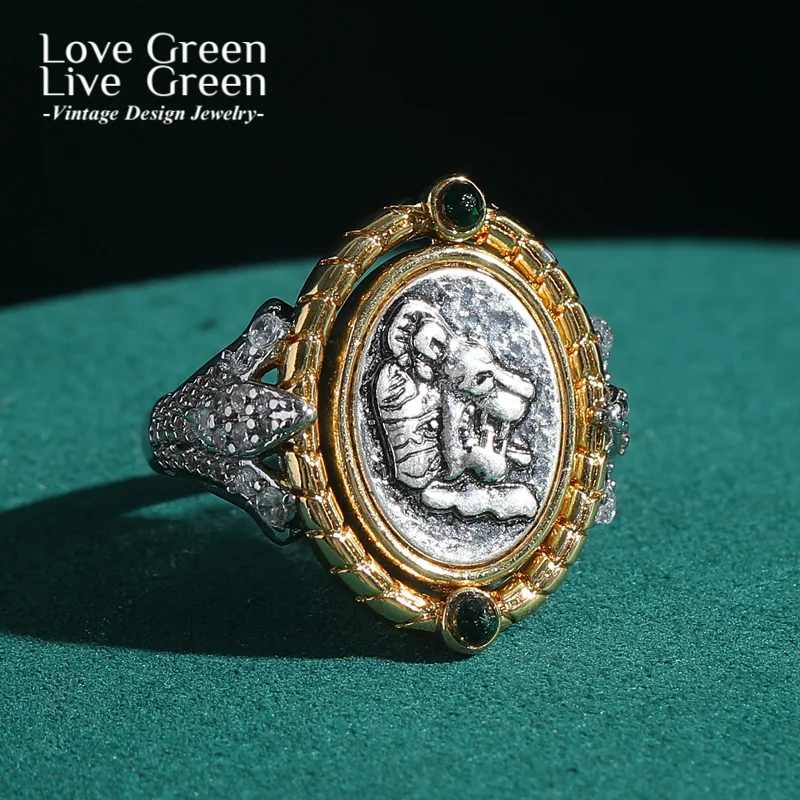 

Oval Ancient Coin Portrait Ring Rotatable Vintage Jewelry Luxury Designer Woman Rhinestones Gold Color Bohemian Gift Wedding