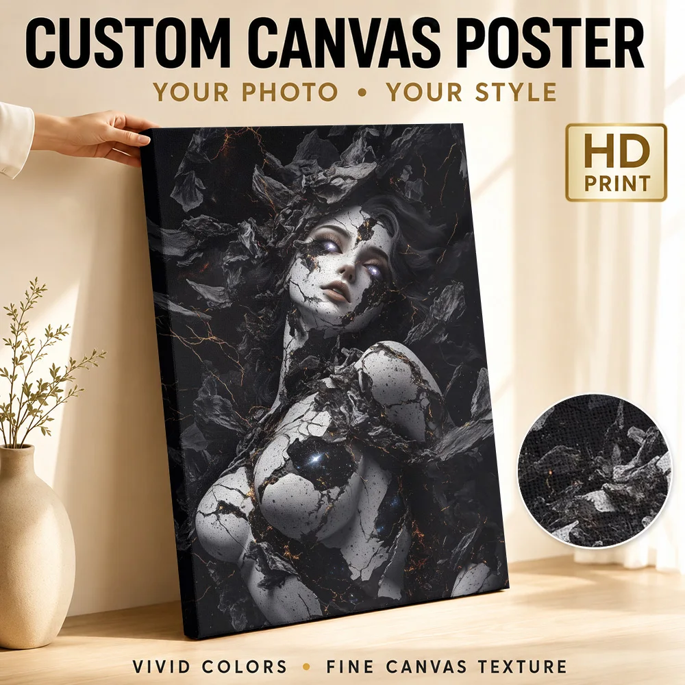 Cracked Cosmic Woman Canvas Painting Poster Custom Photo Dark Anime Wall Art for Game Room Dorm Decoration Gift for Collectors
