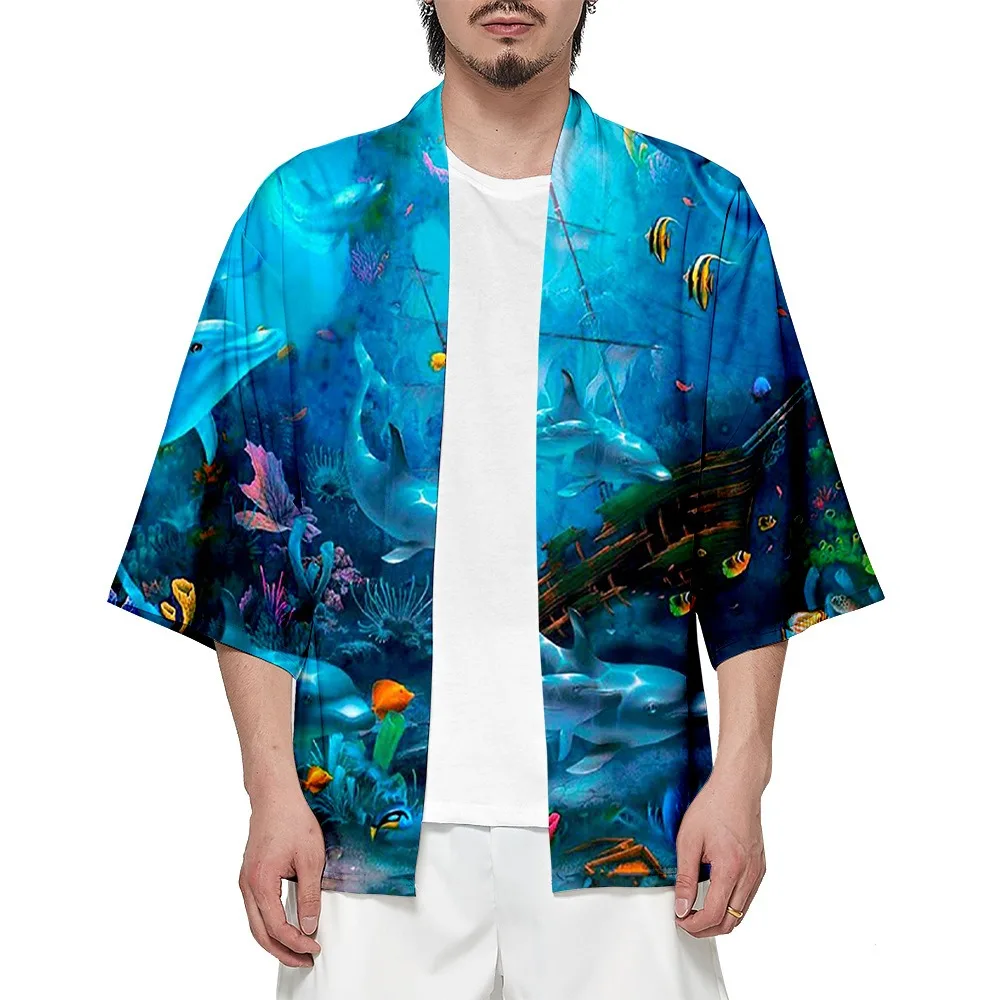 Summer Samurai Kimono Men Cosplay Stylish Cute Dolphin Print Haori Streetwear Kimono Fashion Yukata Japanese Cardigan Robe