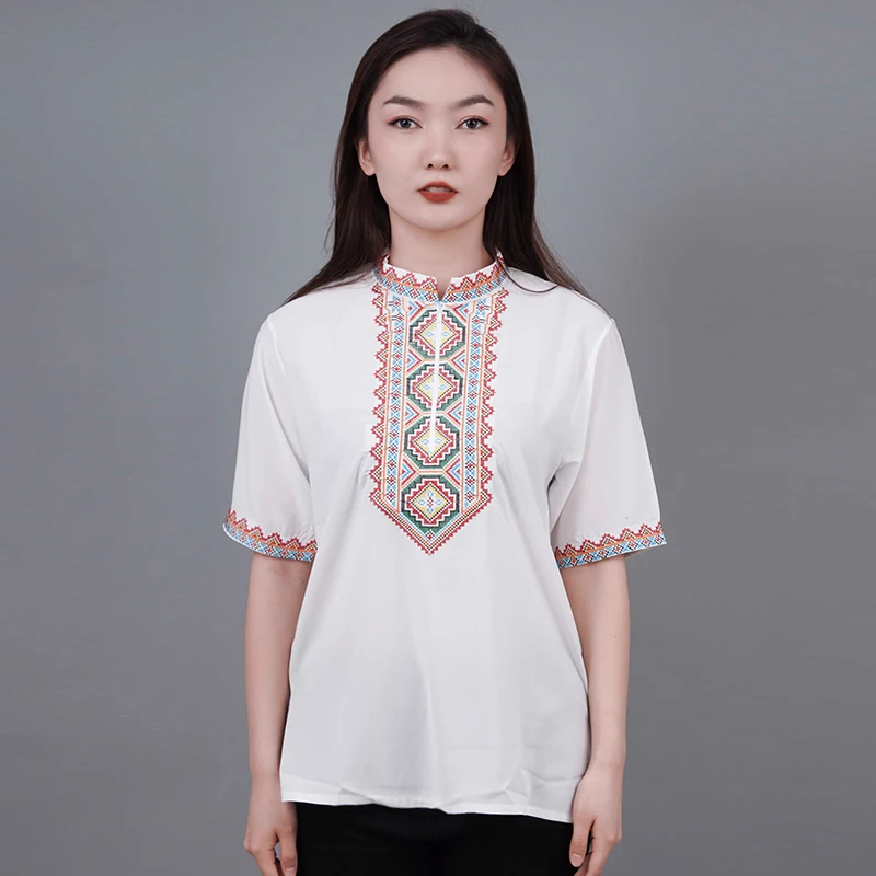 Chinese Xinjiang Uyghur Ethnic Traditional Embroidery Tops for Women Men Summer Stand Collar Tees T-Shirts Vintage Tshirt