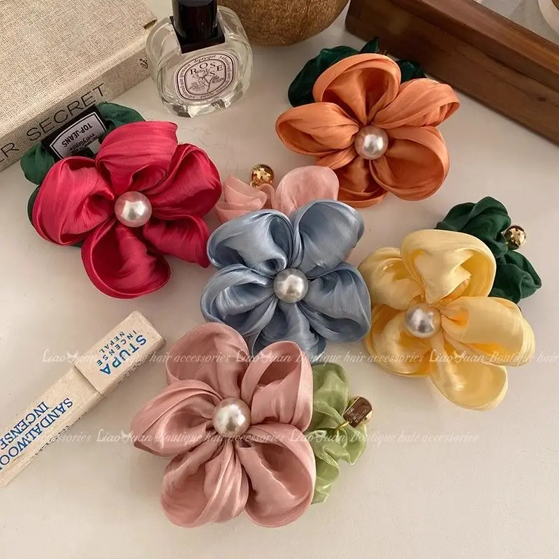 

Summer Beautiful and Elegant Pearl Flower Large Intestine Fashion Hairband Ponytail High Elastic Hairstring Women's Hair Accesso