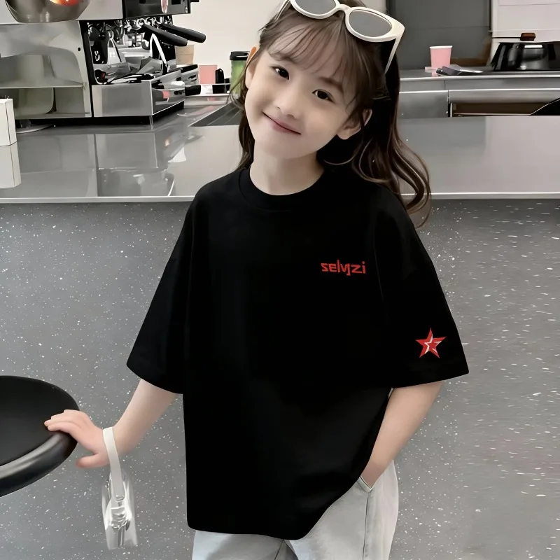 Western Style Star Print Loose Children's T-shirt Summer Pur