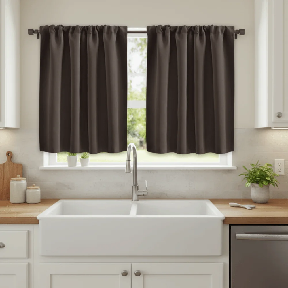 2PCS Solid Color Kitchen Short Curtain Light-blocking Through-rod Design Blackout Drapes Thickened Cabinet Curtain Fireplace