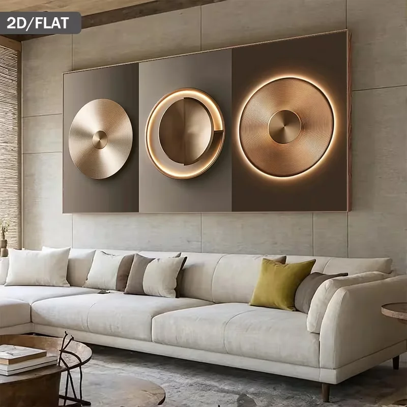 Modern Abstract Canvas Art Featuring a Frameless Circular Metallic Wall Light Design, Measuring 27.56 by 55.12 Inches (70 by 140