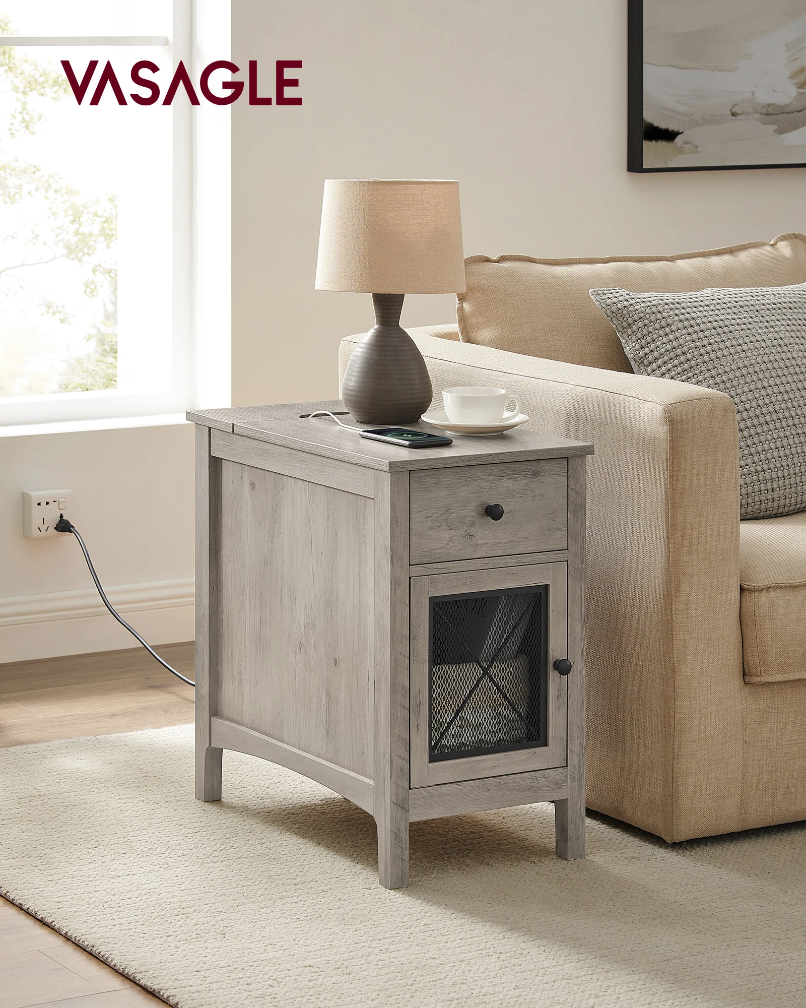 VASAGLE Side Table with Storage, End Table with USB Ports and Outlets, Nightstand with Charging Station, Drawer, Storage Cabinet