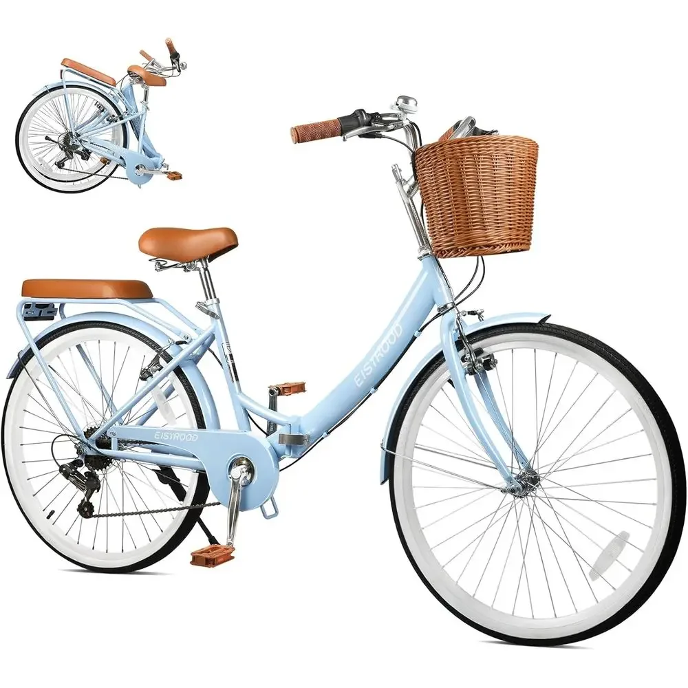 

26 Inch Women's Beach Cruiser Bicycle with Basket, 7-Speed, Cushioned Seat, V-Brakes for Comfortable Riding (Blue)