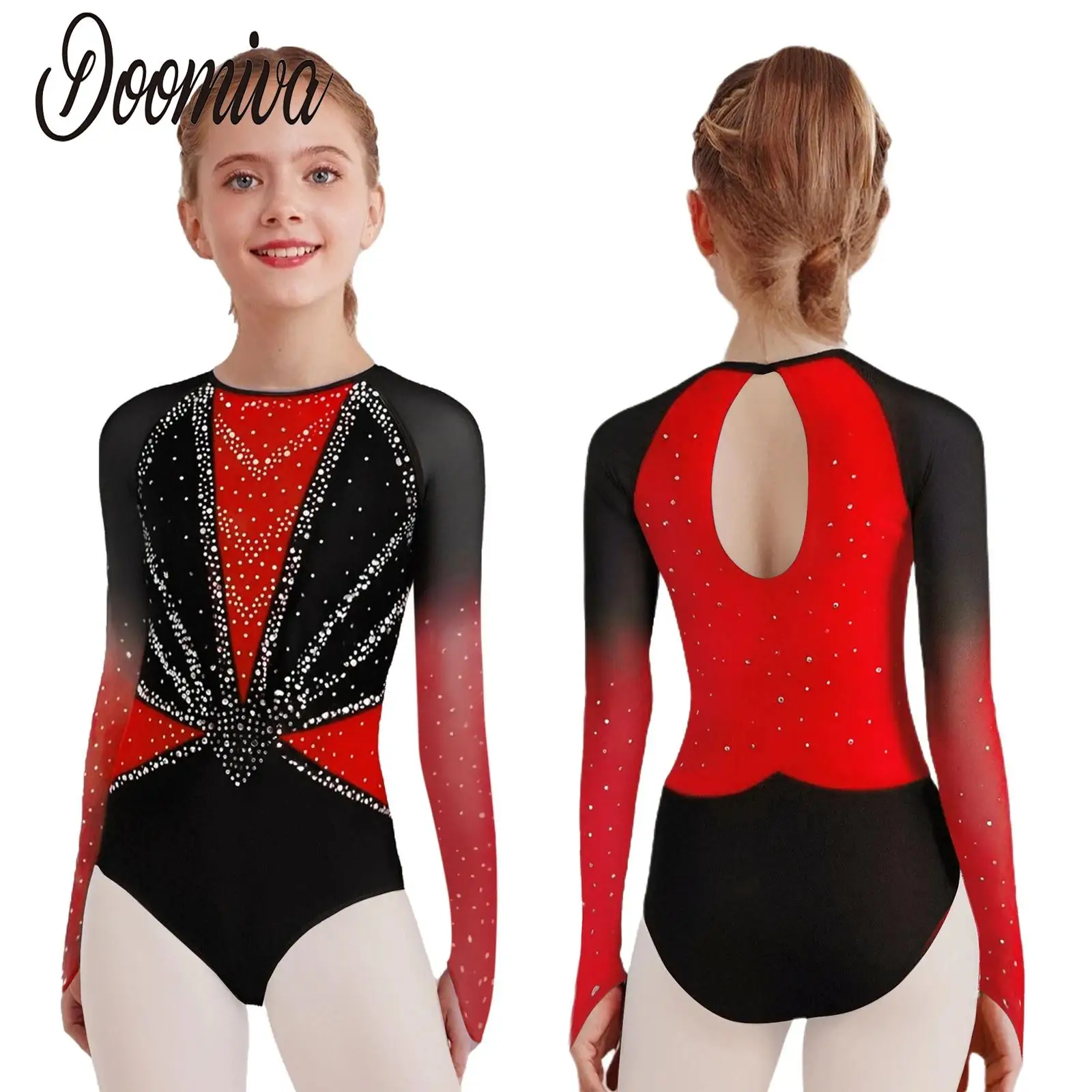 

Kids Girls Gymnastic Leotard Ballet Dance Unitards Long Sleeve Shiny Rhinestones Figure Skating Workout Jumpsuits Performance