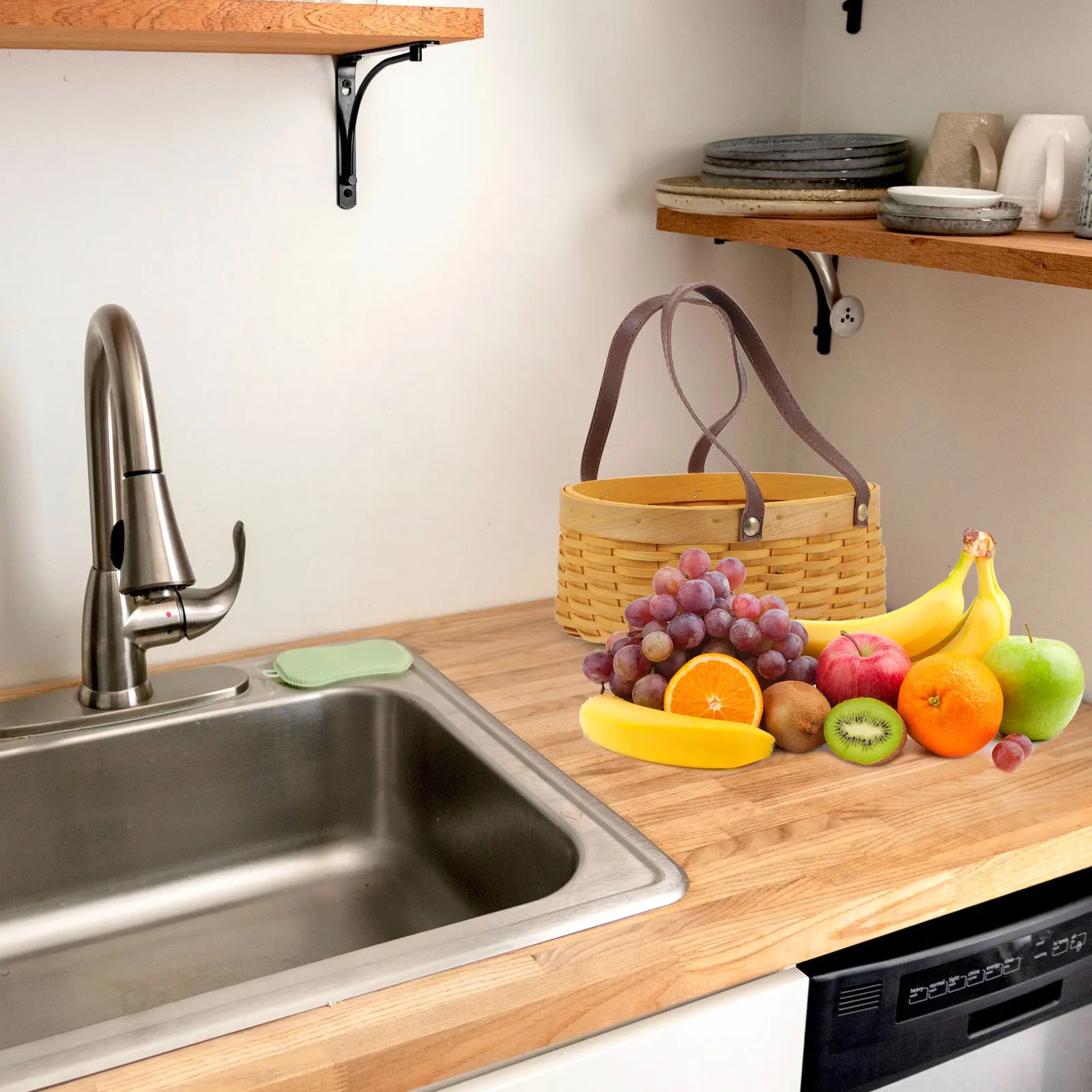 

1pc Hand-Held Wood Basket Sturdy Fruit Storage Basket Multi-Purpose Woven Container Camping Picnic Baskets Natural Home Storage