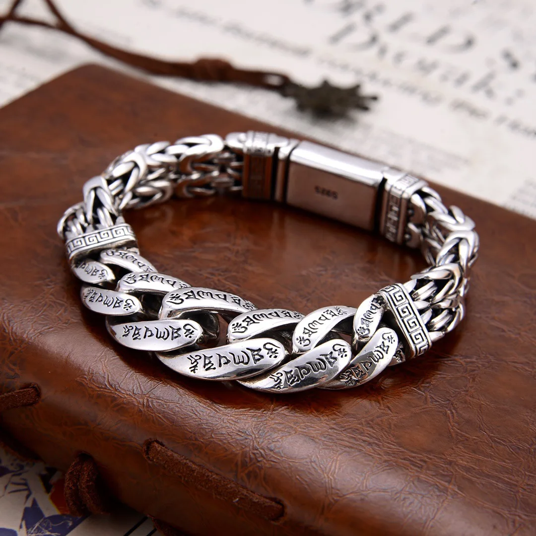 

S925 Sterling Silver Original Certified Six-Character Mantra Woven Men's Bracelet Retro Personality Domineering Men's Chain