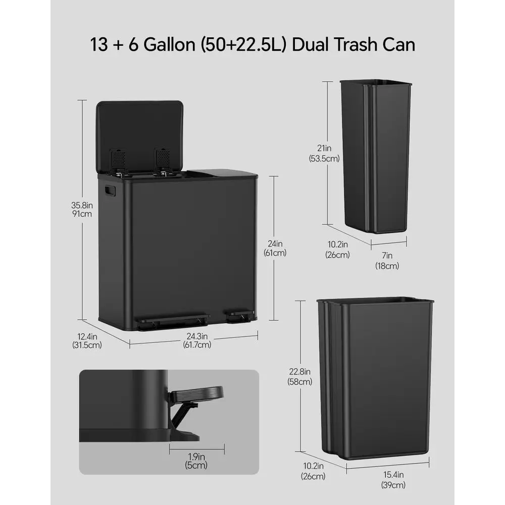 Dual Trash and Recycling Bins Kitchen, 13+6 Gallon Stainless Steel Garbage and Recycle Bin Combo for Large Families, Dual Trash view 2