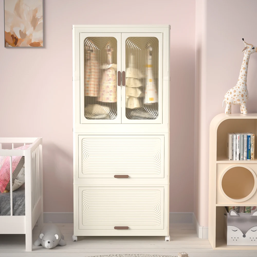 

Portable Wardrobe Storage Organizer, Magnetic Doors with 4 Cubes, Hanging Rod & 10 Hangers, White Clothes Storage Cabinet