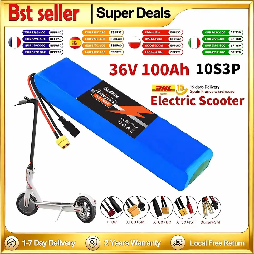 36V 100Ah 18650 wiederaufladbarer Lithium-Akku 10S3P 1000W Leistung für modifizierte Fahrräder, Roller und Elektrofahrzeuge mit BMS+Ladegerät