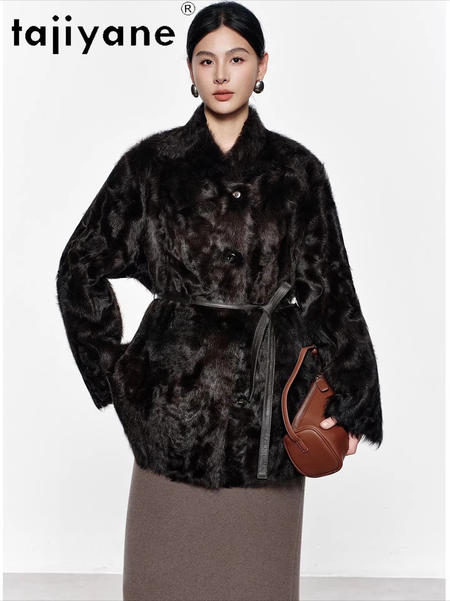 TAJIYANE 100 % Xiaohu Schaffell mit angebrachtem Wollmantel, braune Echtpelzjacke mit Gürtel, Damenbekleidung, Winter, neu in Mäntel