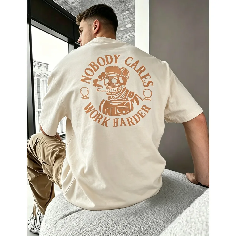 2026 New Nobody Cares Work Harder Back Print T-shirt, Vintage Distressed Worker Skull, Hardcore Workwear Street Unisex Tops