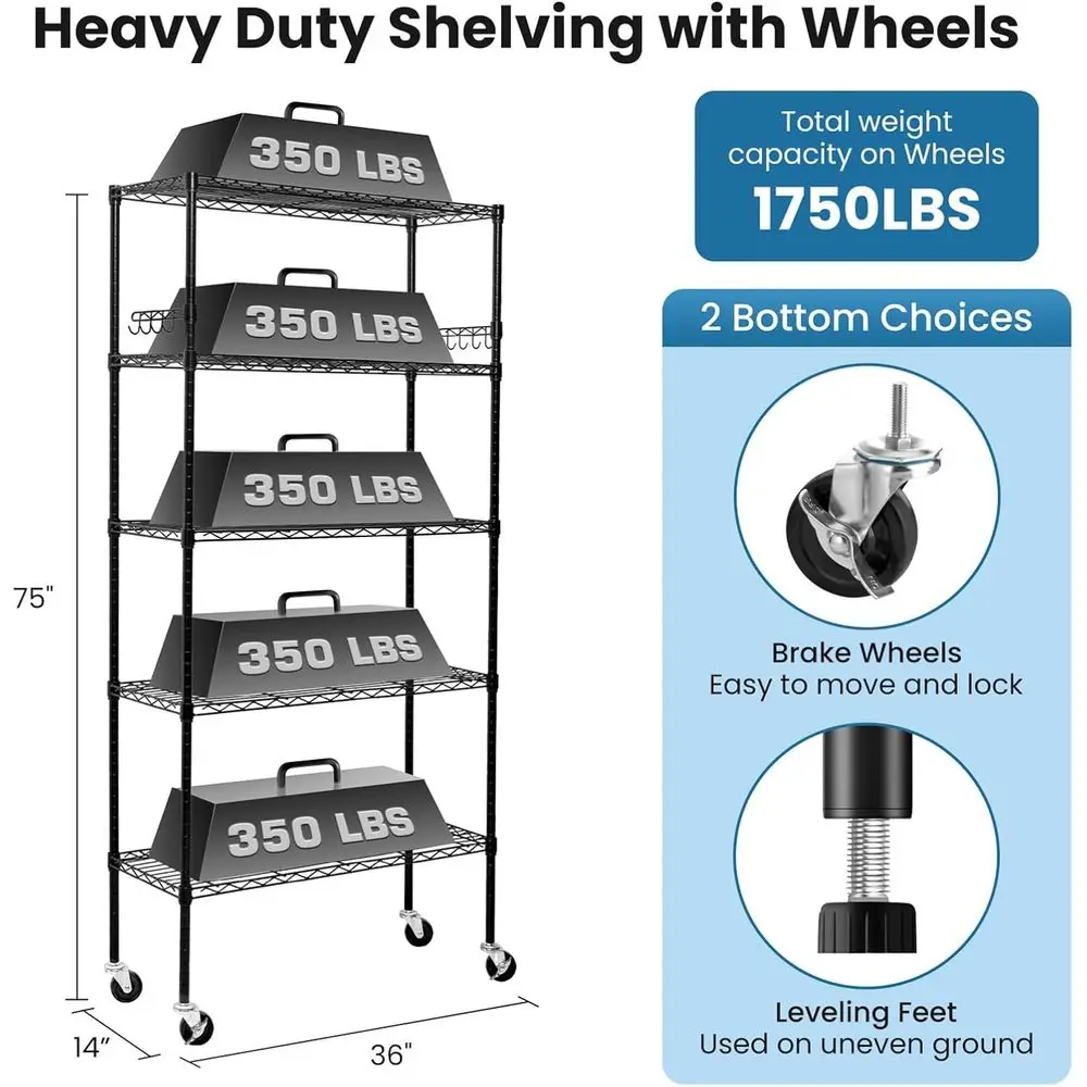 頑丈な5段調節可能なメタルワイヤーシェルフユニット（キャスター付き）、14D x 36W x 75H、耐荷重1750ポンド、ガレージやキッチン収納に最適