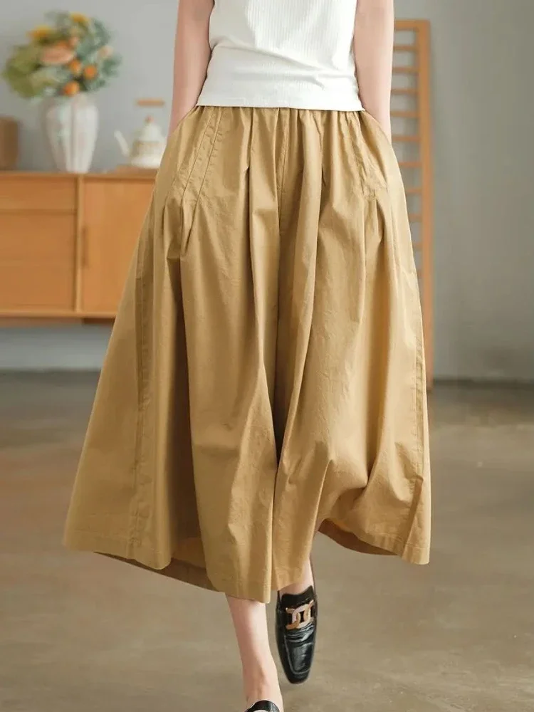 Khaki Women's Pants 100% Pure Cotton Casual Loose Elastic Waist Skirt Pants 2024 Summer New Retro Black Wide Leg Pants Women