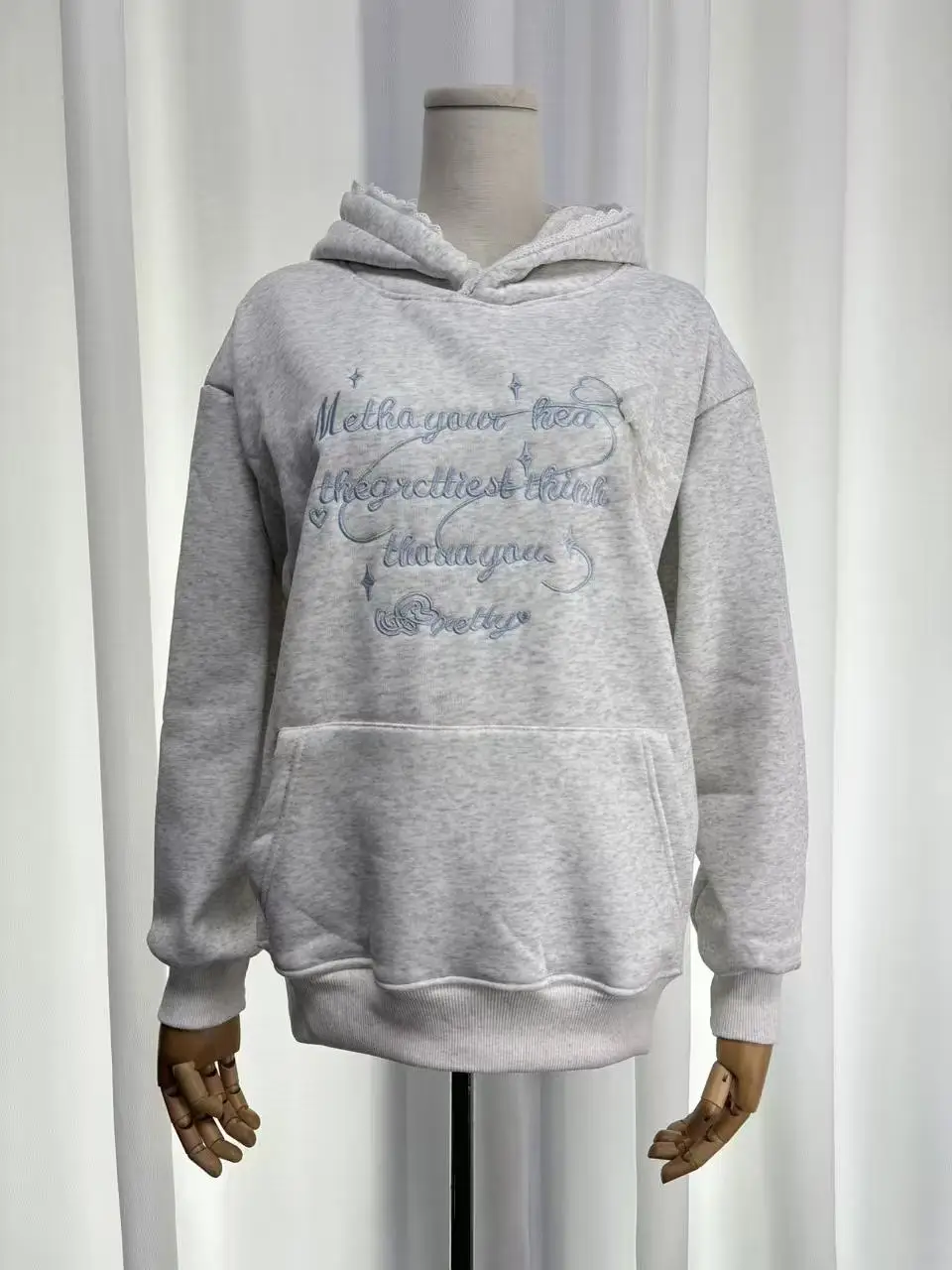 Dopamine Lace Trim French Embroidery Butterfly Hoodie Women 2025 Autumn Winter Fleece Lined Oversized Warm Sweatshirt