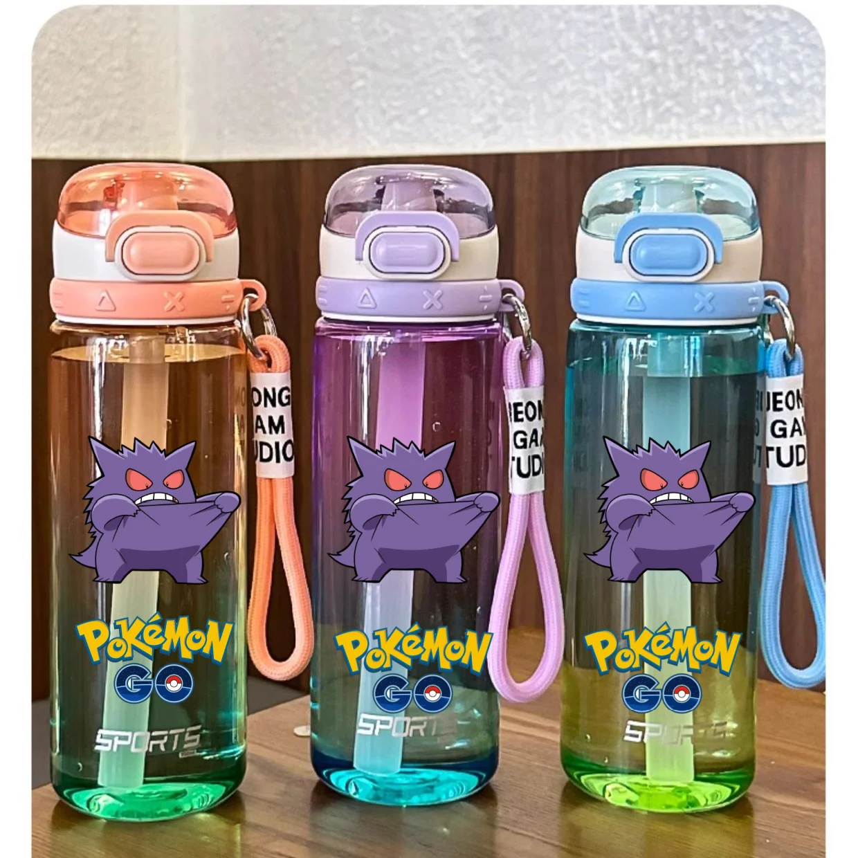 750ML Pokemon Water Cup Anime Portable Children\'s Pikachu Gengar Color Gradient Plastic  Sports Large Capacity Water Bottle