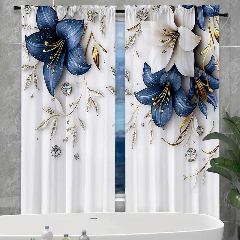 Blue Lily Gold Trim Curtains Luxury Floral Drape for Bathroom Bedroom Window Treatment Home Decoration