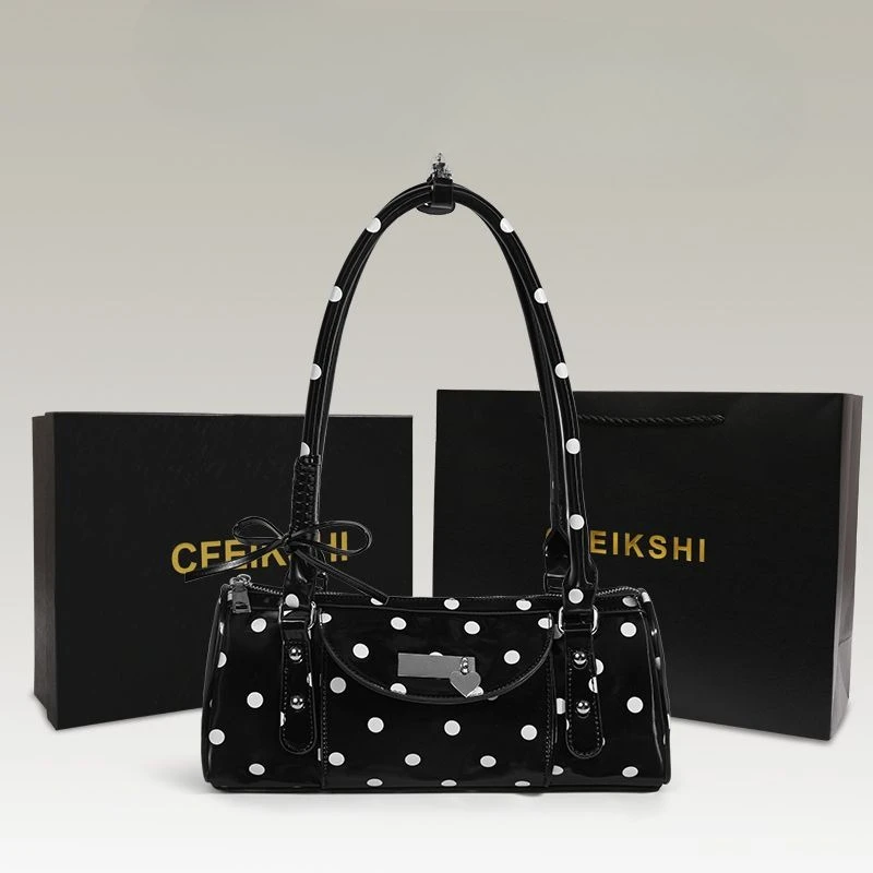 

2025 Bow Shiny Surface Polka Dot Underarm Versatile Single Shoulder Hand-held Drawstring Bag Women's Fashion Bag