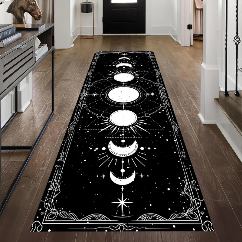 VIKAMA Gothic Moon Phase Starry Sky Long Runner Rug Black White Non Slip Hallway Entryway Corridor Floor Mat Home Decor