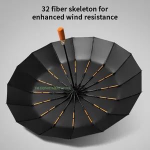 Regenschirm des winddichten Holzgriffs, vollautomatisch, groß, 3 Falten, Doppelrippen, Anti-UV, Reisen, Regen, Männer, Frauen, 32 Knochen 9 Hauptverkäufe hölzerne Holzwache - №8