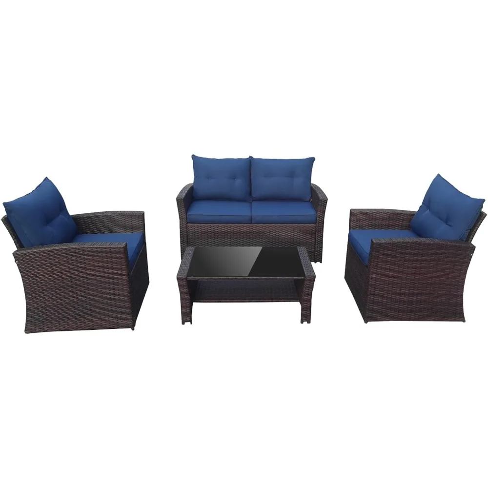 

Outdoor Wicker Conversation Set, Weather Resistant Sectional Sofa with Tempered Glass Table and Thick Cushions Suitable