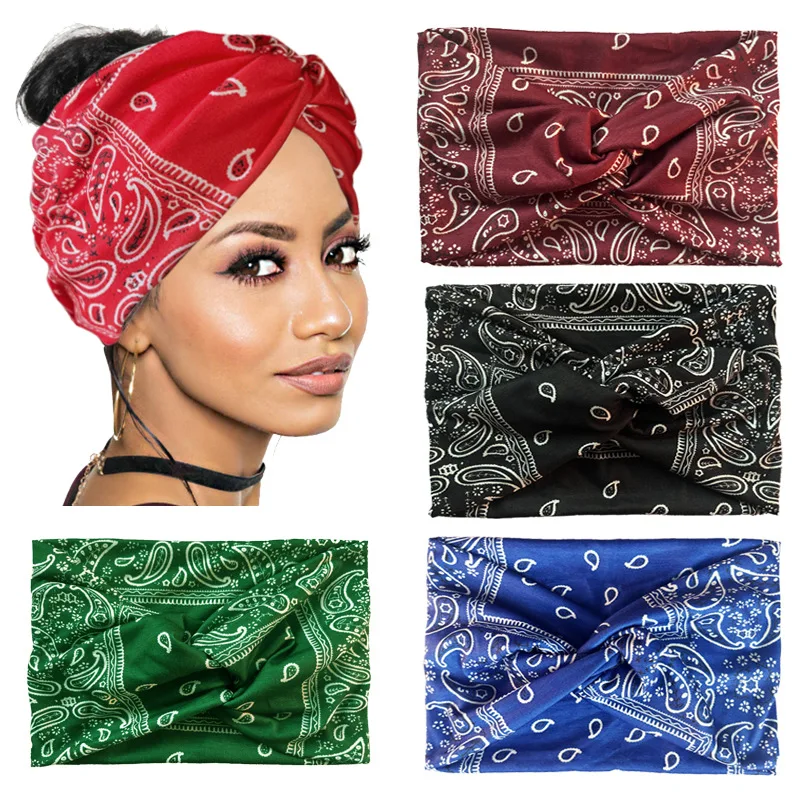 

Wide Boho Turban Vintage Headbands Elastic Cashew Flowers Head Wraps Headdress For Yoga Running Fitness Twist Hair Accessories