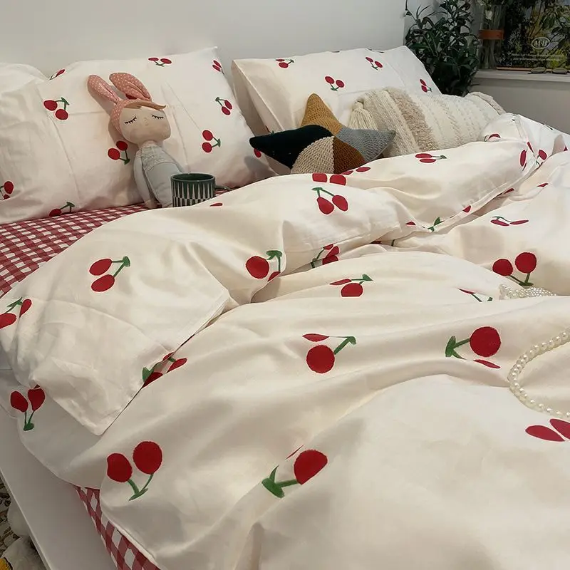 Ins Style Cute Orange Cherry Printed Duvet Cover Girls Flower Bedding Set with Flat Sheet Pillowcases Single Double Queen Size