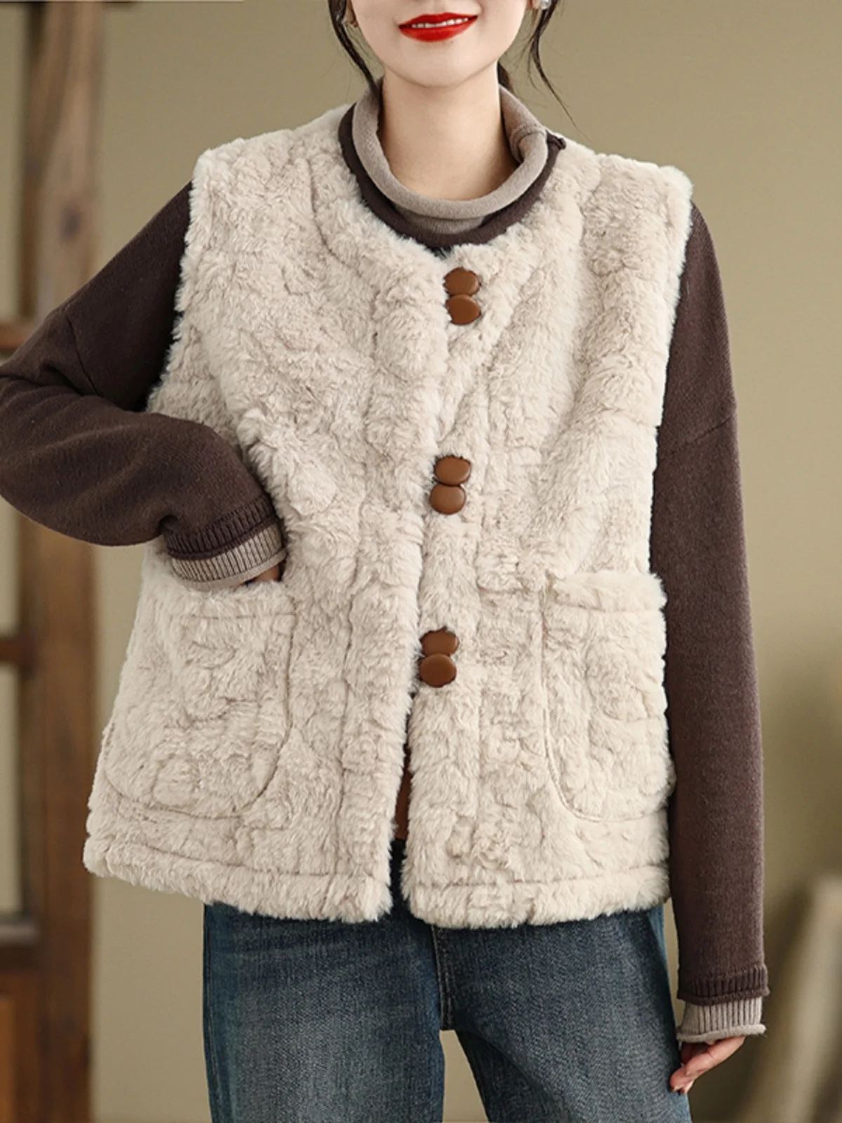 

Women's Faux Lamb Fur Vest Warm Fce Lined Leather And Fur Inteated Winter Outerwear 2024 Commute Sle Button round Ne