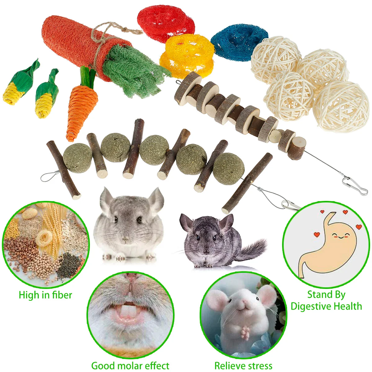 2/16PCS Natural Pet Rabbit Guinea Pig Chew Toys Set Tooth Grinding Snacks with Apple Wood Grass Ball String for Small Animas