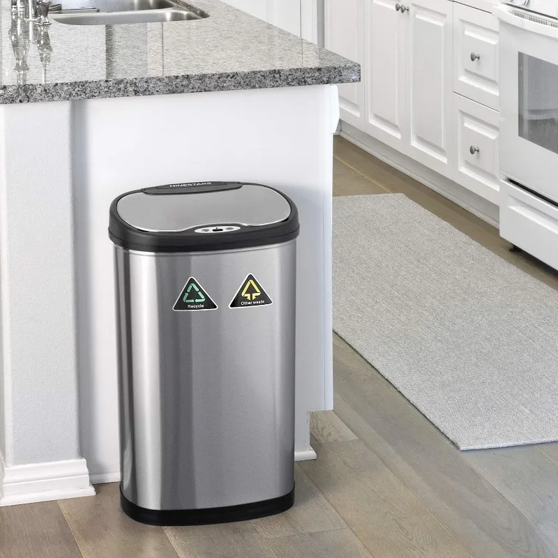 Automatic Touchless Infrared Motion Sensor Trash Can/Recycler with D Shape Silver/Black Lid & Stainless Base, 18 Gal