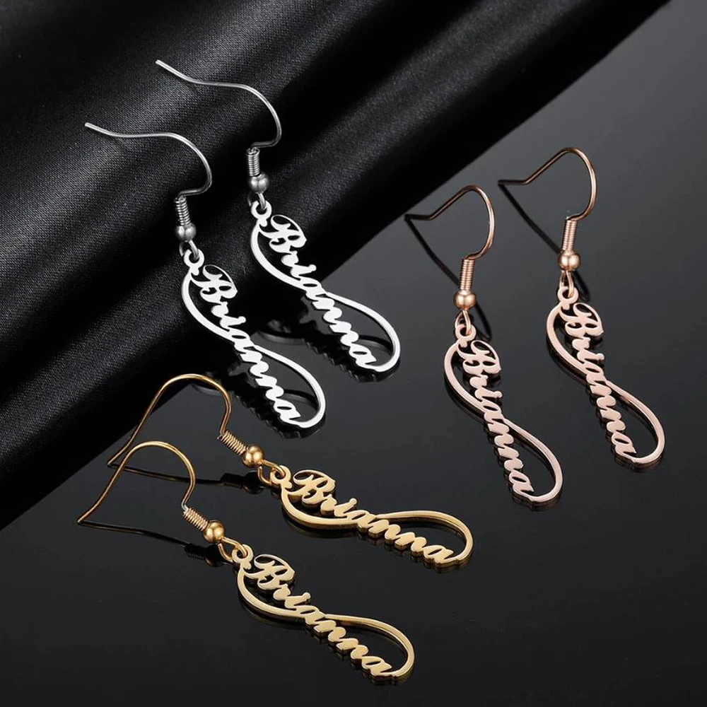 Personalized Customization Infinite Symbol Name Hook Earrings Stainless Steel Women's Fashion Earrings Jewelry Gift for Lovers