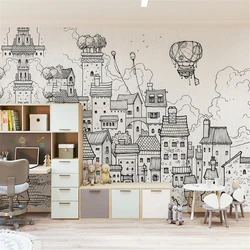 Papel tapiz de dibujos animados de Casa de construcción en blanco y negro personalizado, papel de pared para habitación de niños, papel tapiz para dormitorio de niña, mural de guardería