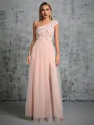Mgiacy One shoulder pleated embroidery slit A set of gauze evening ball dress Party dress Bridesmaid dress