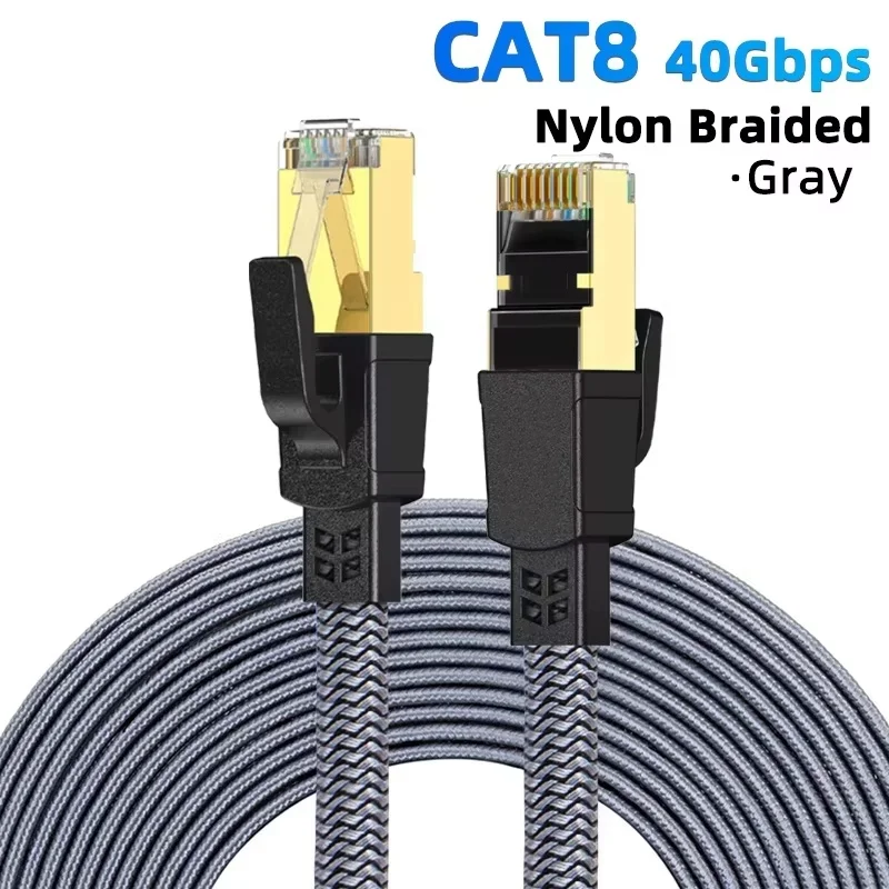 CAT8 Ethernet Cable 40Gbps Flat Nylon Braided Network Lan CAT8 Ethernet Cord For PC Modem Laptop PS5 Router Smart TV RJ45 Cable